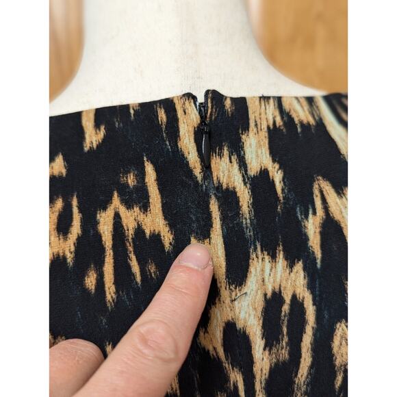 CALVIN KLEIN Leopard Print Sheath Dress Belted Black/Brown Size 10 Faux Wrap - Picture 5 of 11